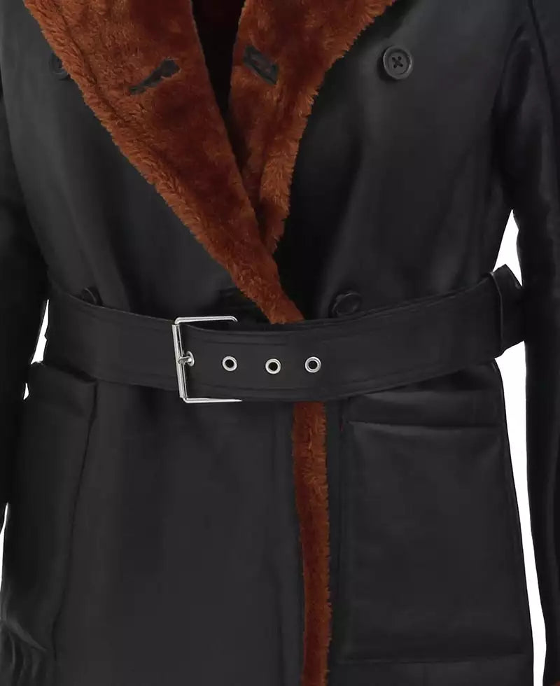 Women's Belted Black Shearling Leather Coat – Double-Breasted