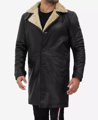 Mens Classic Black Leather Coat with Shearling Lining and Fur Trim