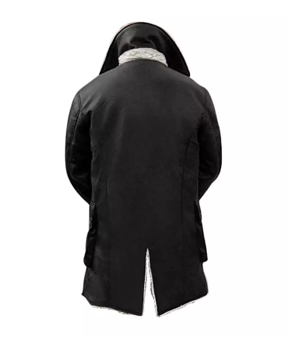 Mens Vintage Black Fur-Lined Sherpa Leather Winter Coat