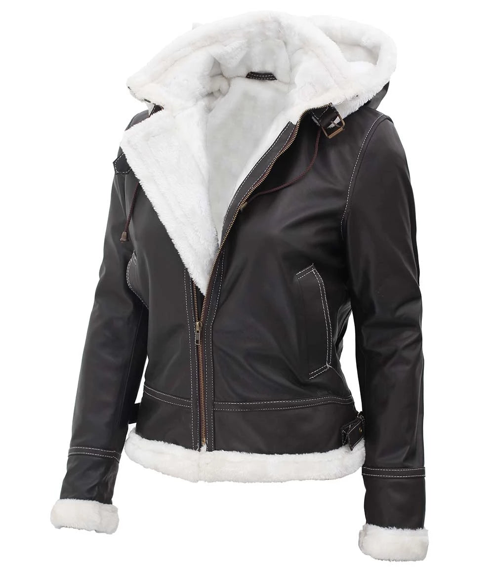 Noir Drift Women's Removable-Hood Shearling Leather Jacket