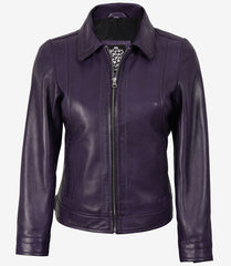 Women's Purple Leather Jacket Designed with a Shirt-Style Collar