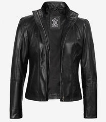 Acerra Women's Slim Fit Black Leather Jacket in Biker Style