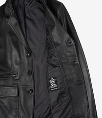 Men's Black Leather Blazer with Three Buttons and Notch Lapel