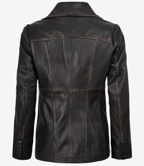 Women's Distressed Brown Leather Blazer with Three Buttons