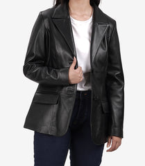 Women's Black Leather Blazer with Two Buttons