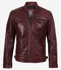 Men's Tall Maroon Leather Biker Jacket with Quilted Shoulders