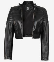 Women's Black Cropped Real Leather Jacket in Biker Style