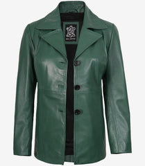 Women's Green Leather Blazer with Three Buttons