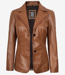 Women's Tan Leather Blazer with Two Buttons and Notch Lapel