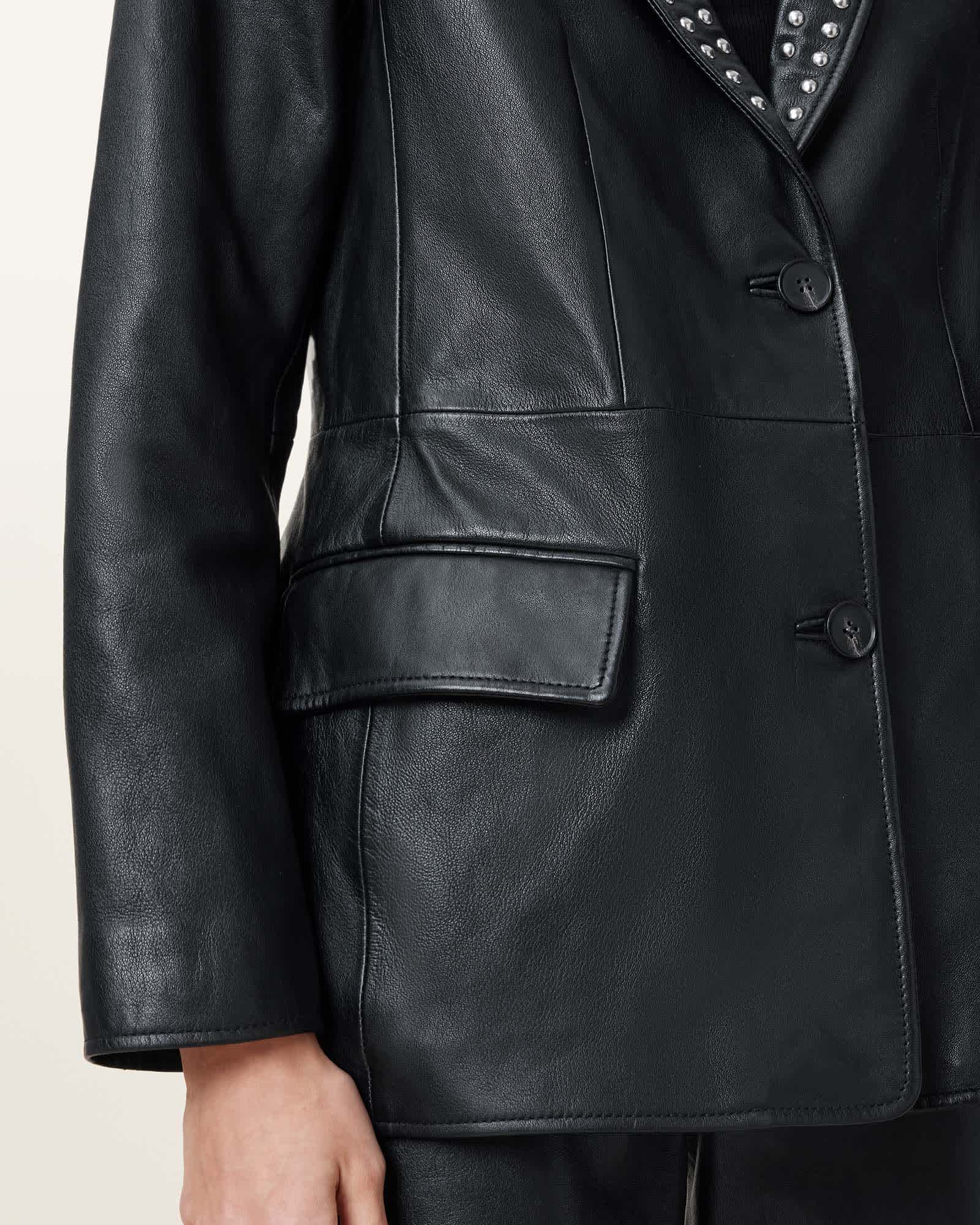Classic Women's Blazer Black Single-Breasted with Studded Lapel