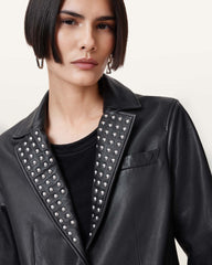 Classic Women's Blazer Black Single-Breasted with Studded Lapel