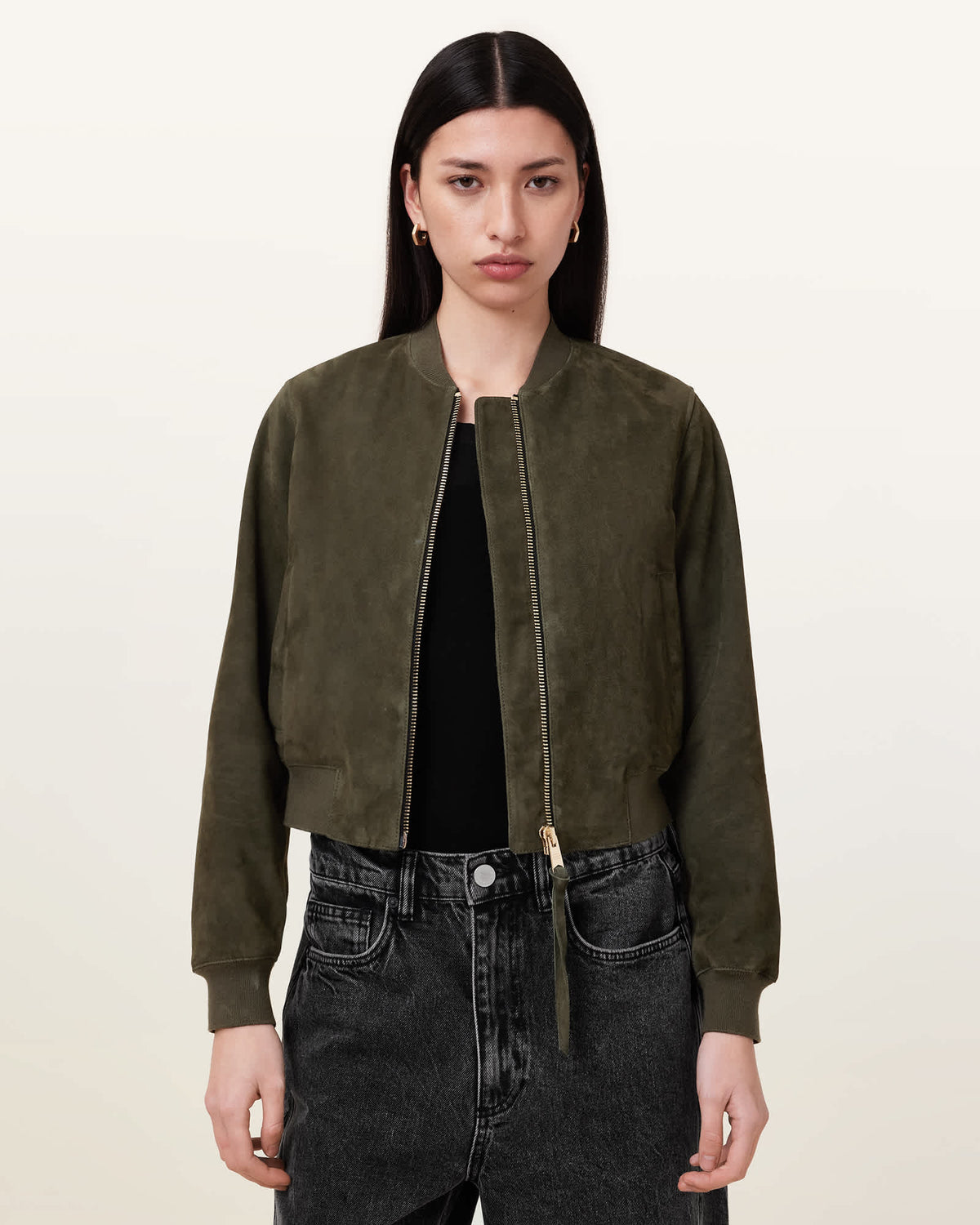 Womens Green Suedette Bomber Jacket Lightweight Outerwear