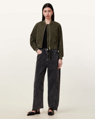 Womens Green Suedette Bomber Jacket Lightweight Outerwear