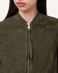 Womens Green Suedette Bomber Jacket Lightweight Outerwear