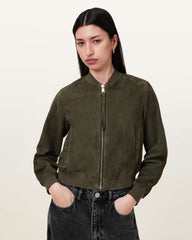 Womens Green Suedette Bomber Jacket Lightweight Outerwear
