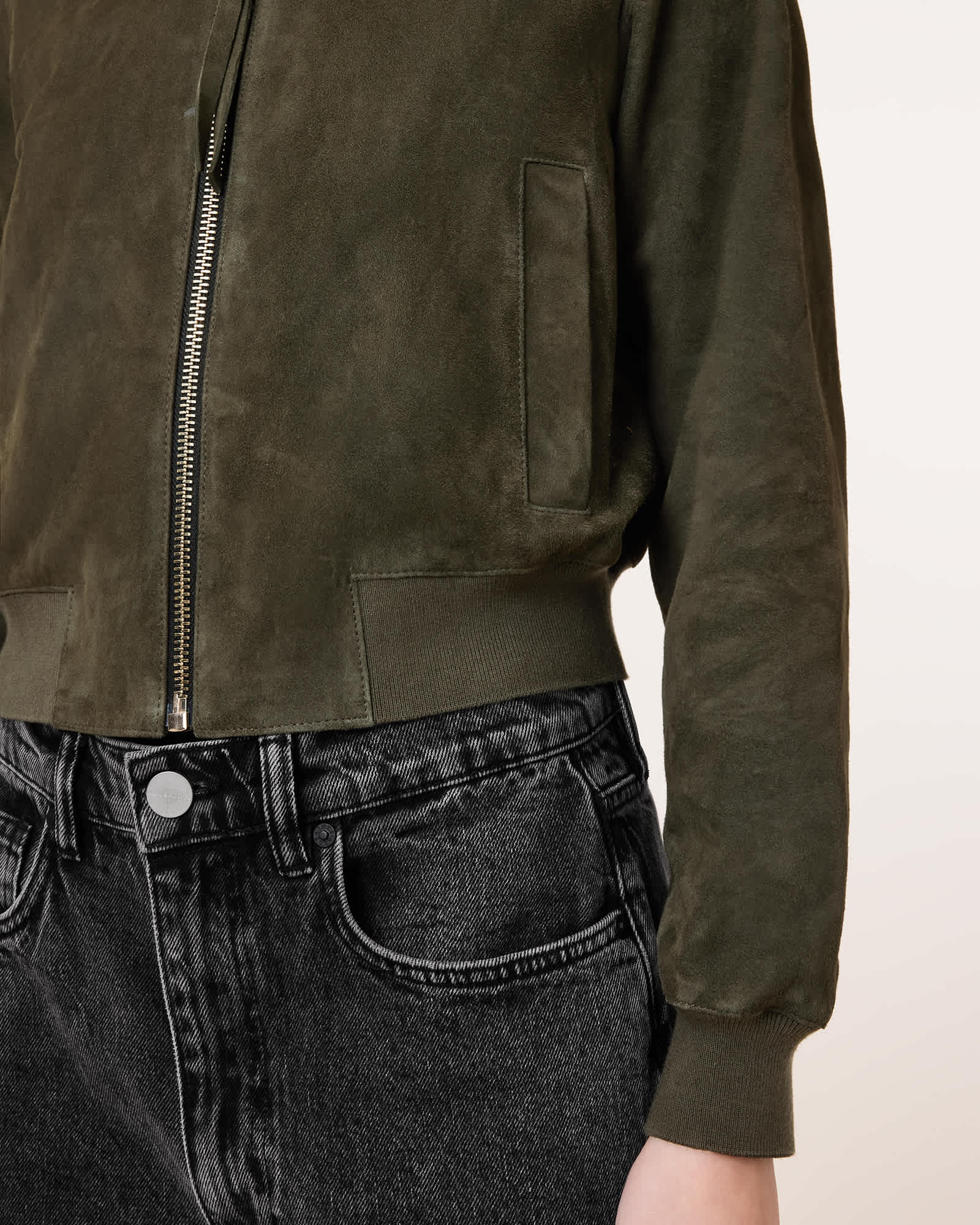 Womens Green Suedette Bomber Jacket Lightweight Outerwear