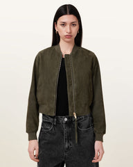 Womens Green Suedette Bomber Jacket Lightweight Outerwear