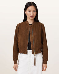 Womens Brown Suedette Bomber Jacket Lightweight Outerwear