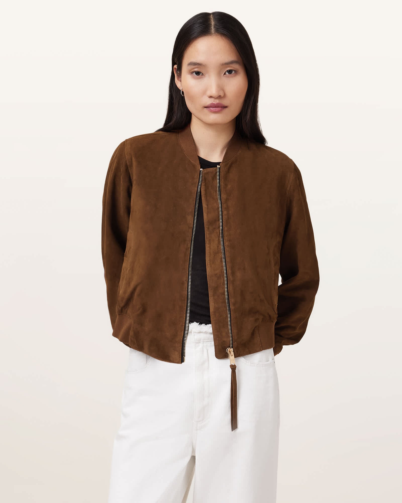 Womens Brown Suedette Bomber Jacket Lightweight Outerwear