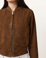 Womens Brown Suedette Bomber Jacket Lightweight Outerwear