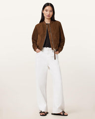 Womens Brown Suedette Bomber Jacket Lightweight Outerwear