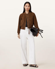 Womens Brown Suedette Bomber Jacket Lightweight Outerwear