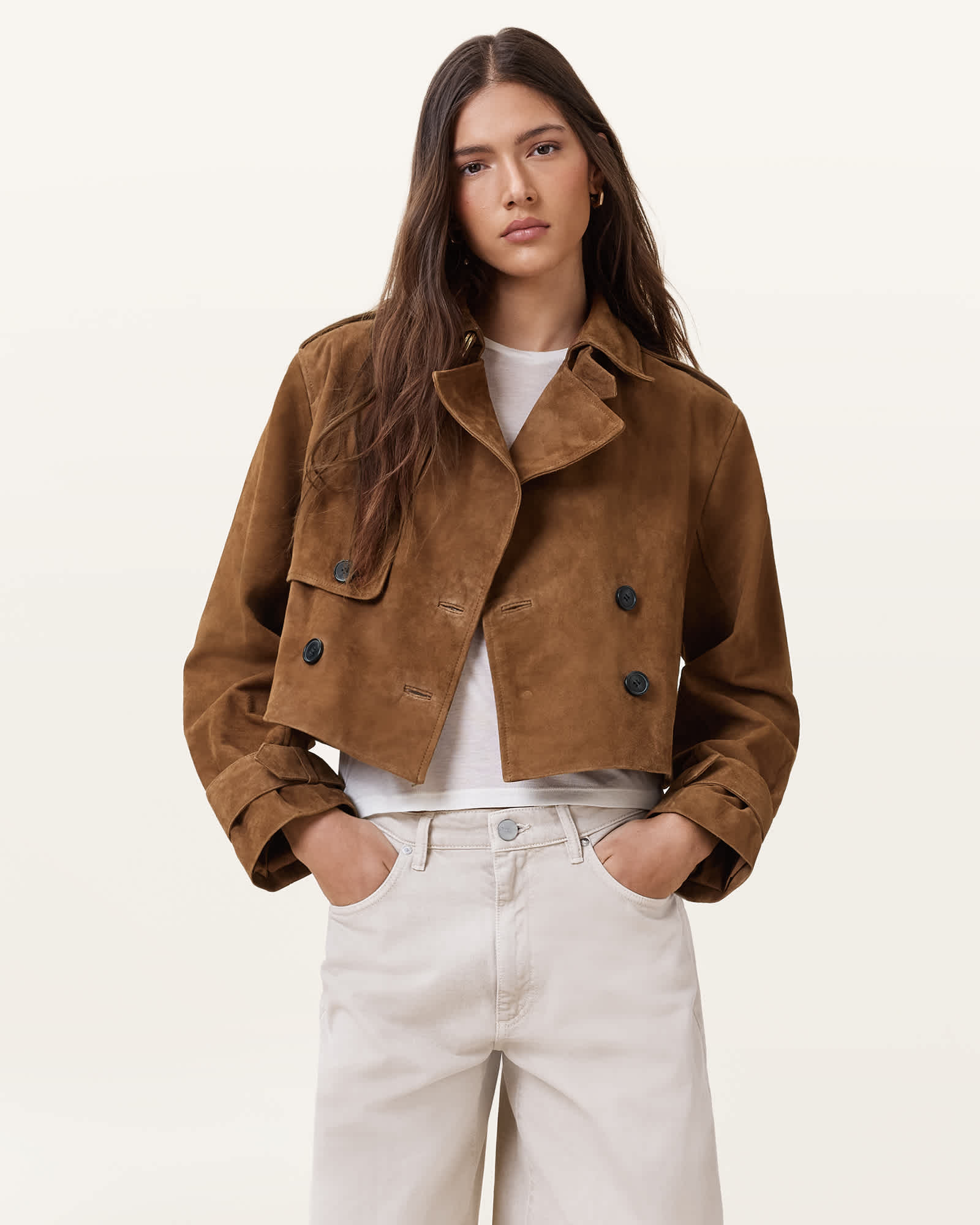 Womens Double-Breasted Suede Trench Coat with Soft Touch Finish