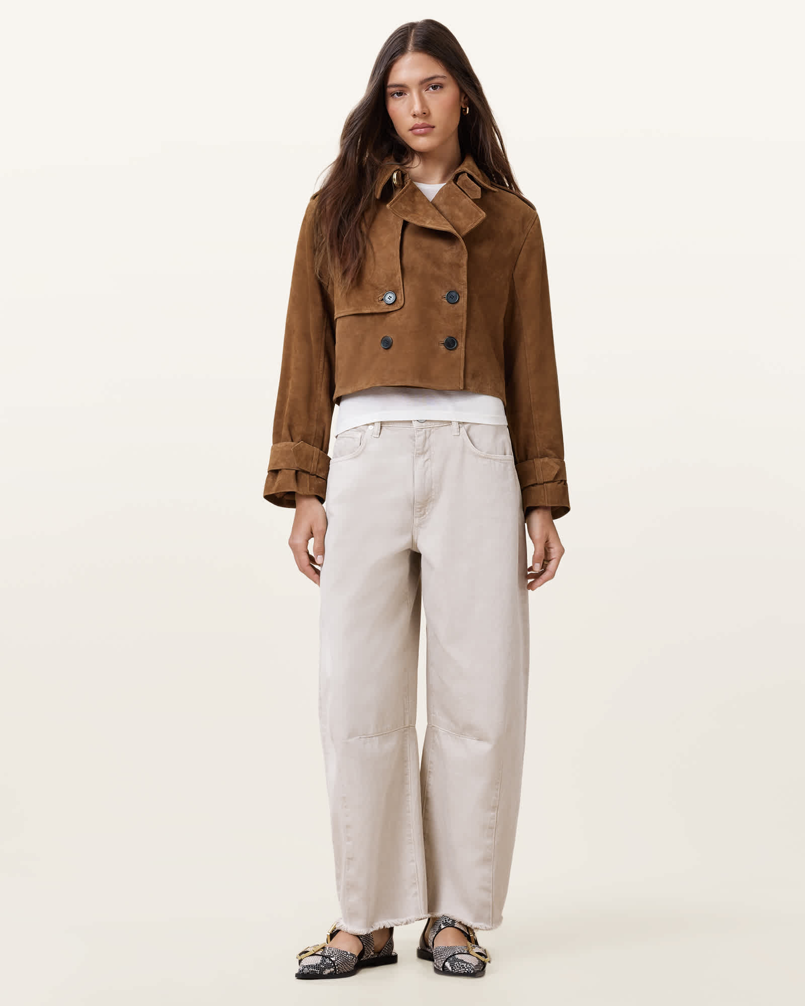 Womens Double-Breasted Suede Trench Coat with Soft Touch Finish