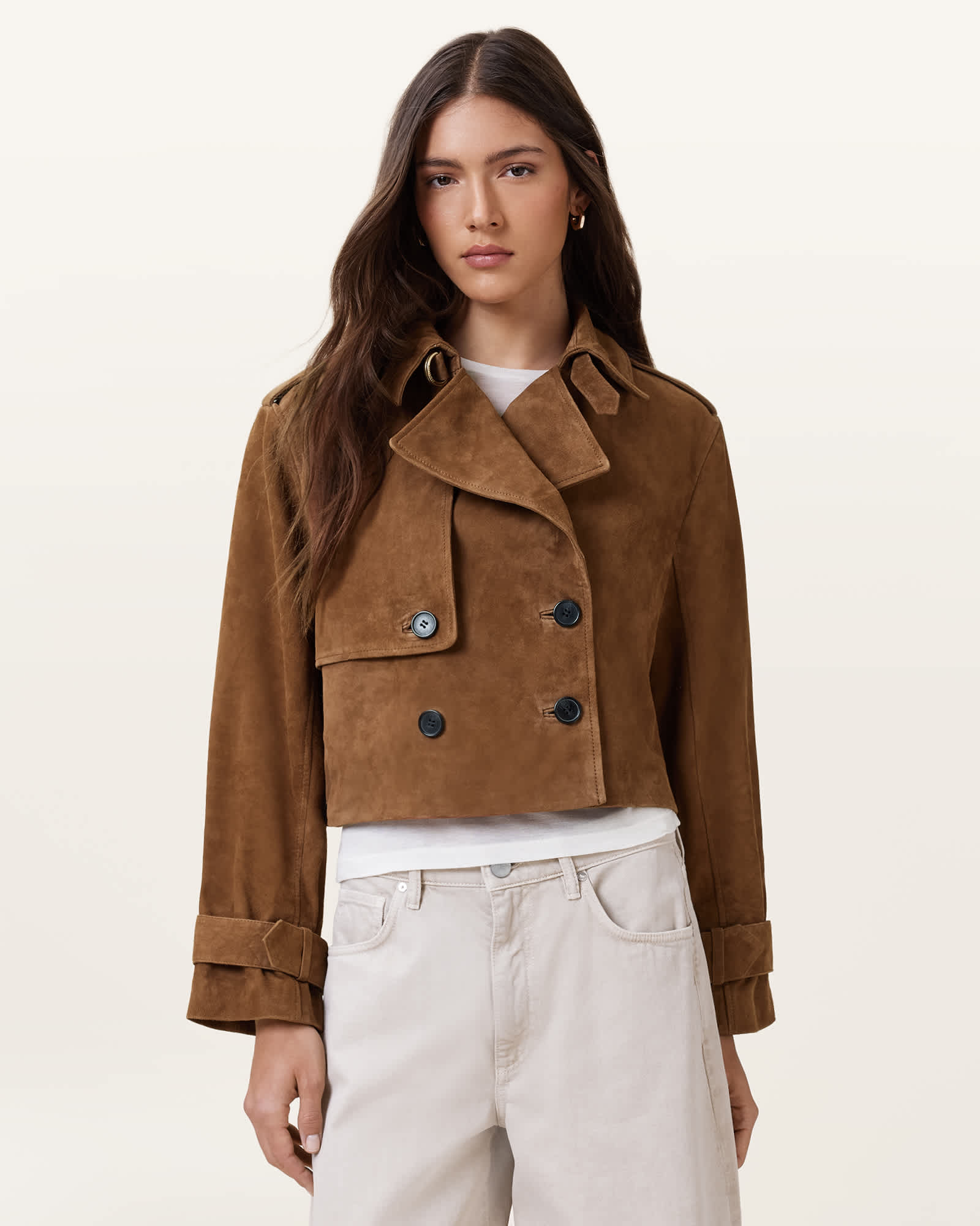 Womens Double-Breasted Suede Trench Coat with Soft Touch Finish