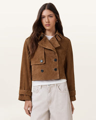 Womens Double-Breasted Suede Trench Coat with Soft Touch Finish
