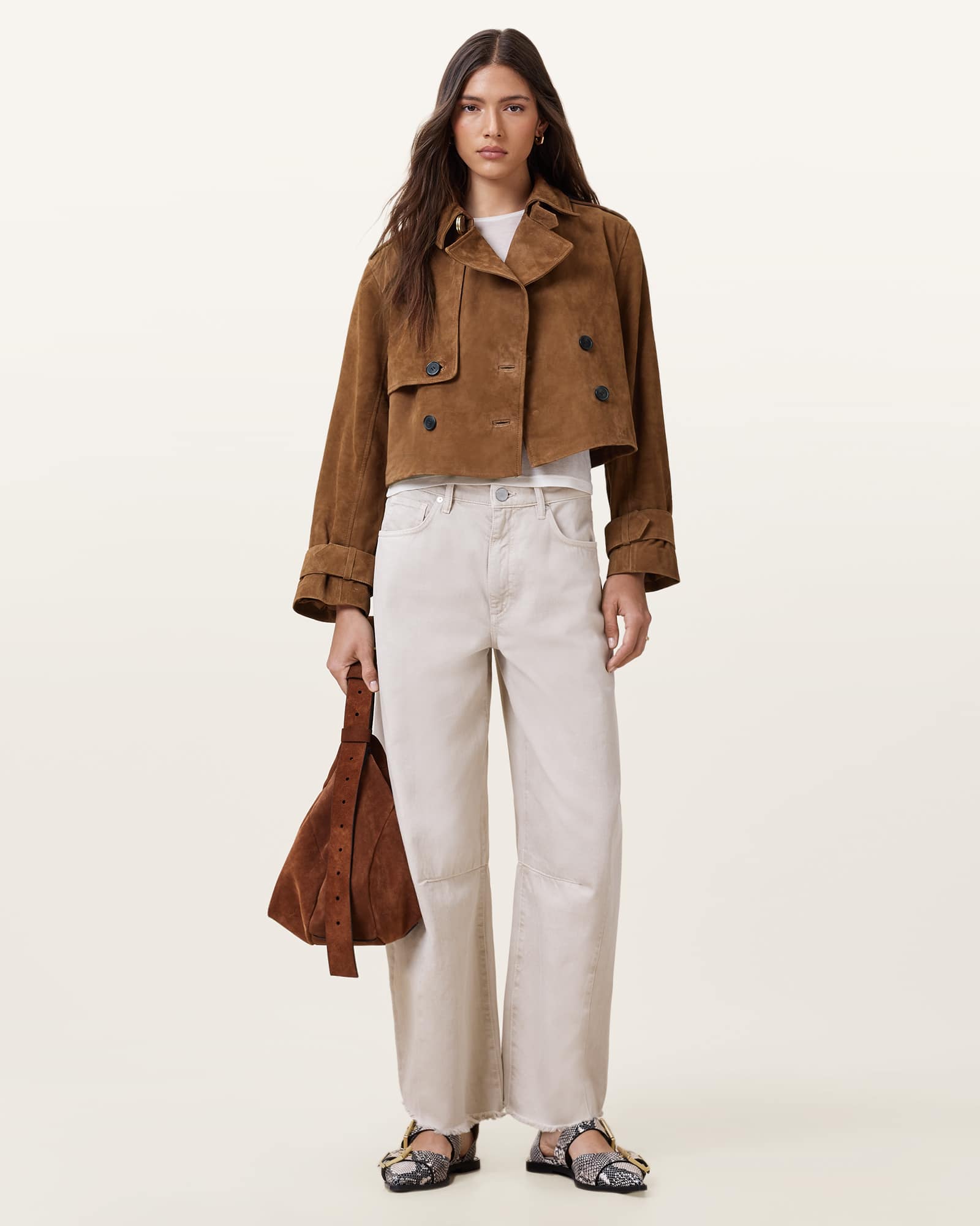 Womens Double-Breasted Suede Trench Coat with Soft Touch Finish