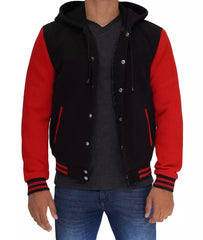 Salerno Men's Hooded Varsity Jacket in Black and Red Colors