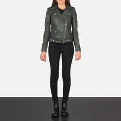 Zyra Street Biker Green Leather Jacket