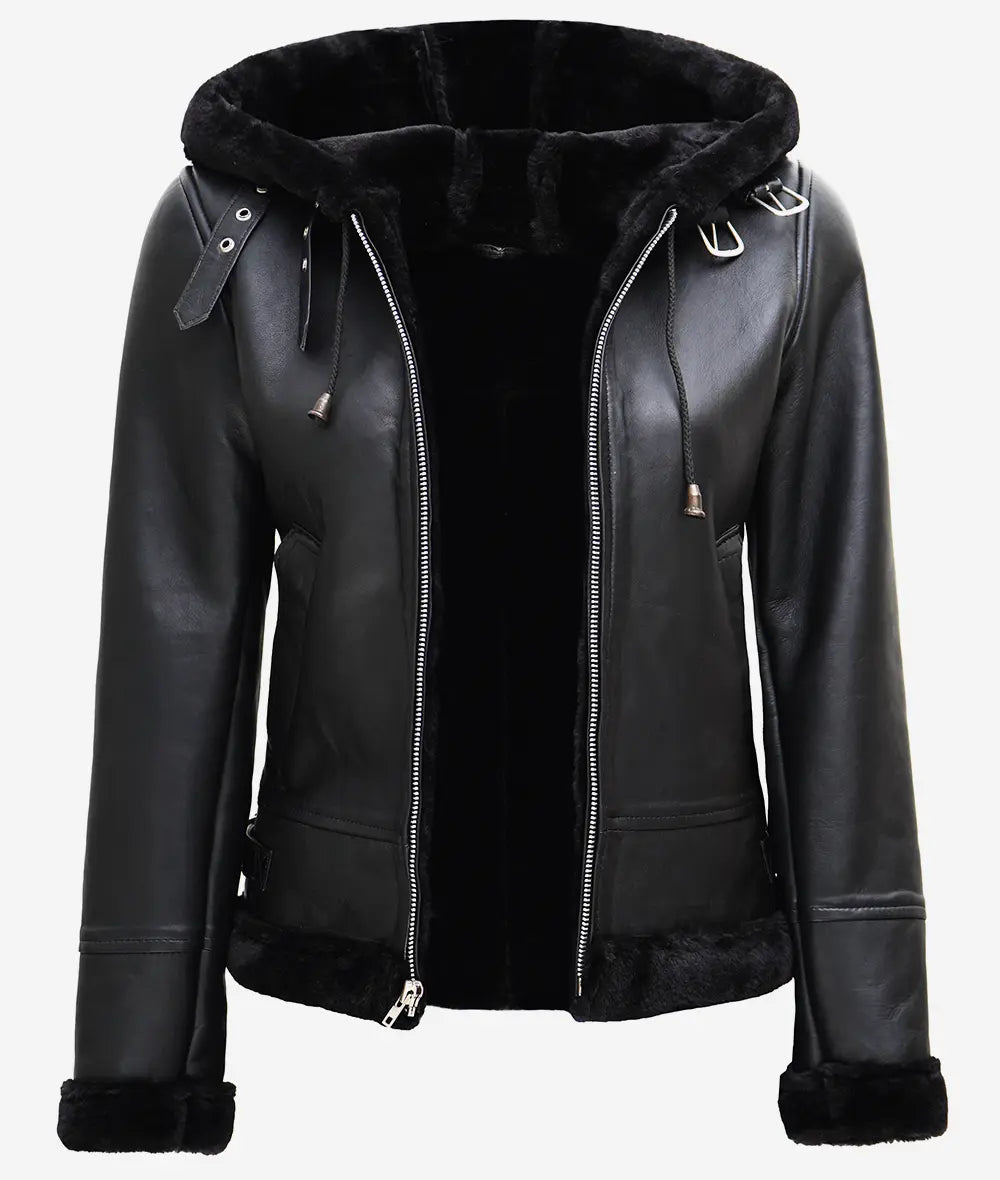 Women's Black Leather Aviator Jacket – Shearling & Hooded