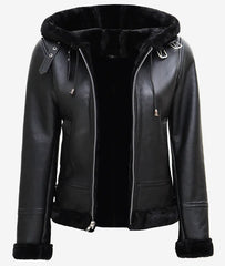 Women's Black Leather Aviator Jacket – Shearling & Hooded