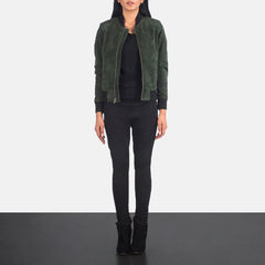 Elara Classic Women Green Suede Bomber Jacket