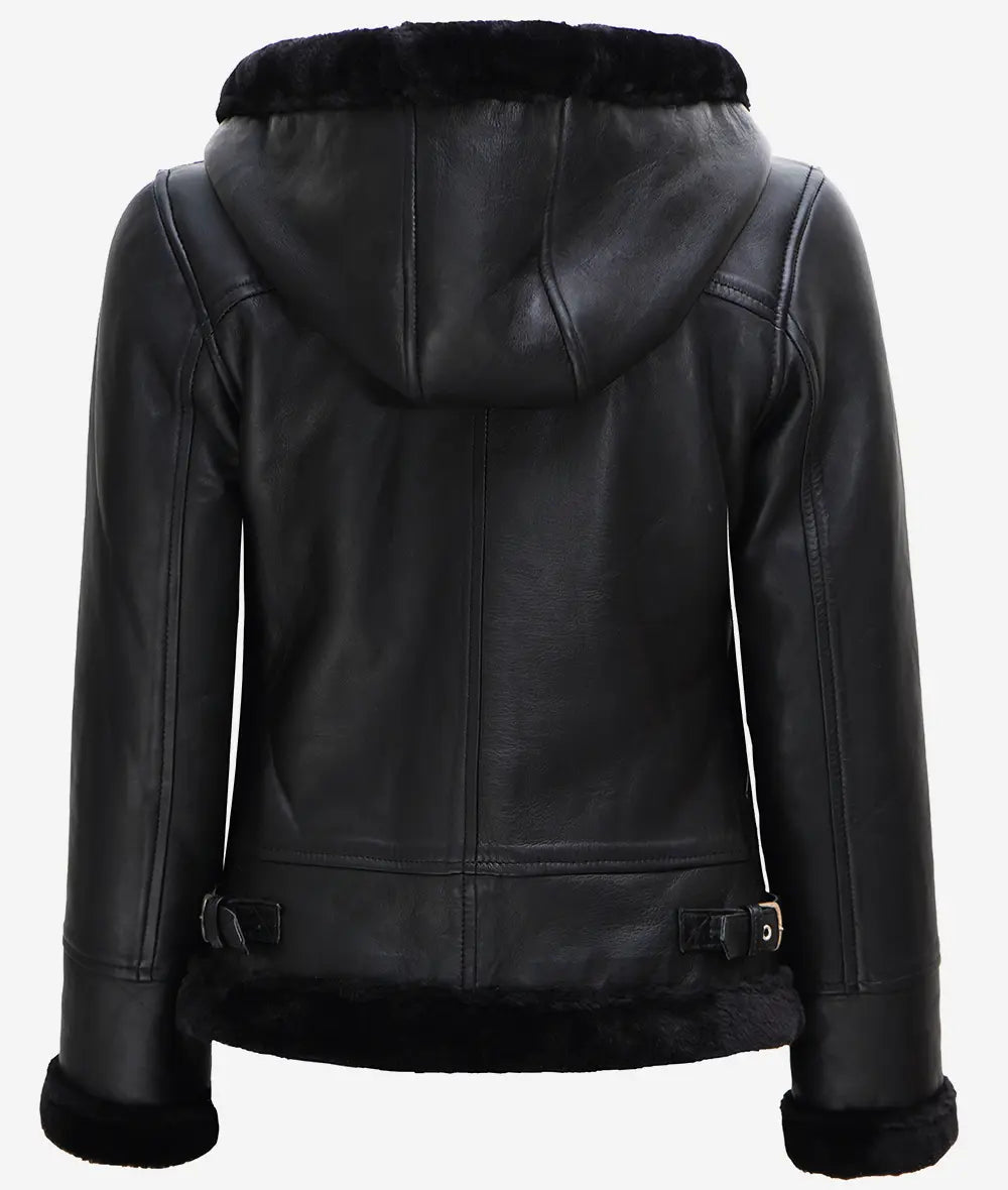 Women's Black Leather Aviator Jacket – Shearling & Hooded