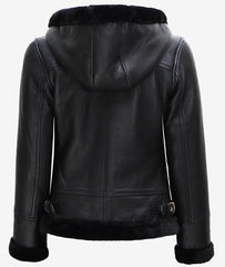 Women's Black Leather Aviator Jacket – Shearling & Hooded