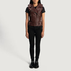Rhonda Leather Biker Vest In Maroon