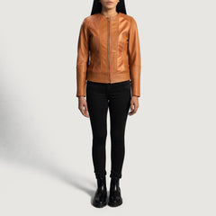 Sleeky Clean Leather Biker Jacket In Tan
