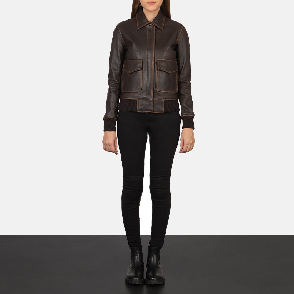 Altitude Edge Women's Brown Leather Bomber Jacket