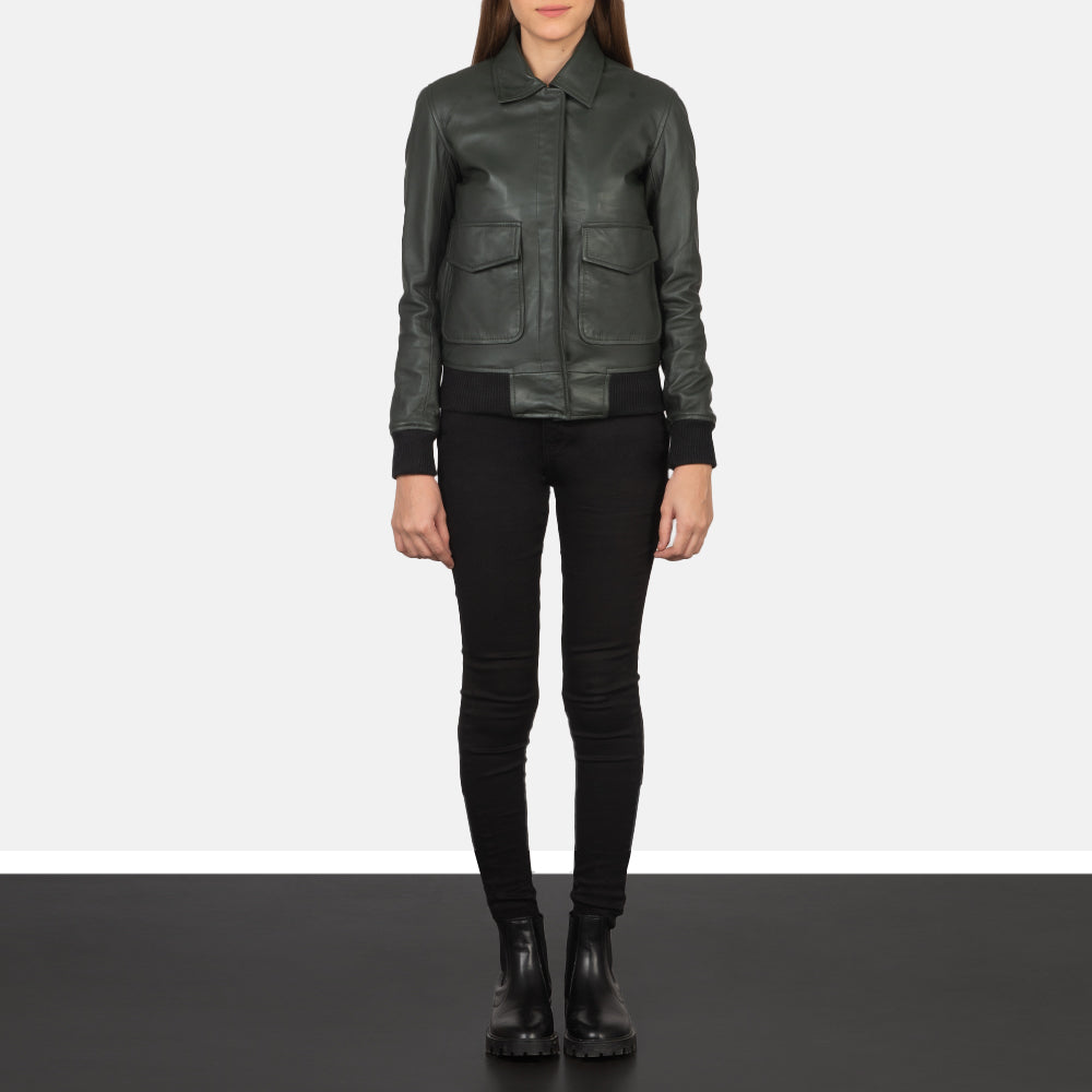 Altitude Edge Women's Green Leather Bomber Jacket