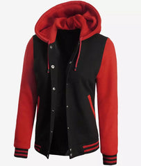 Women's Black and Red Hooded Varsity Jacket with Baseball Design