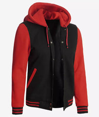Women's Black and Red Hooded Varsity Jacket with Baseball Design