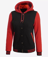 Women's Black and Red Hooded Varsity Jacket with Baseball Design