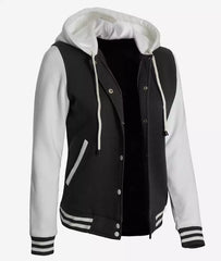 Women's Black and White Hooded Varsity Jacket with Letterman Design