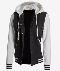 Women's Black and White Hooded Varsity Jacket with Letterman Design