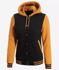 Women's Black & Yellow Hooded Letterman Jacket - Varsity Bomber Style