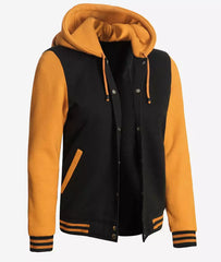 Women's Black & Yellow Hooded Letterman Jacket - Varsity Bomber Style