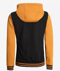 Women's Black & Yellow Hooded Letterman Jacket - Varsity Bomber Style
